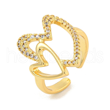 Rack Plating Heart Brass Micro Pave Clear Cubic Zirconia Cuff Finger Rings for Women RJEW-C103-12G-1