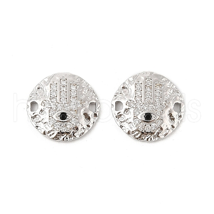 Brass Micro Pave Clear Cubic Zirconia Disc with Hamsa Hand Connector Charms KK-P300-24P-01-1