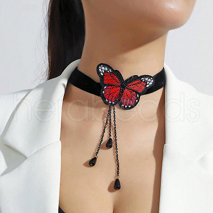Gothic Alloy Rhinestone Black Lace Red Butterfly Choker Necklaces for Women FS-WG02494-02-1