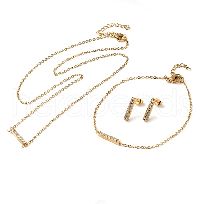 Rectangle 304 Stainless Steel Rhinestone Pendant Necklaces & Bracelets & Stud Earrings Sets for Women SJEW-C004-08G-1