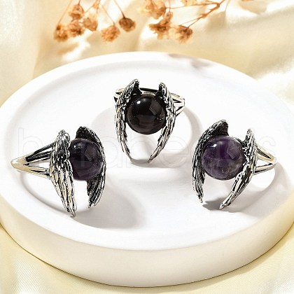 Natural Amethyst Wings Adjustable Rings RJEW-K241-04AS-08-1