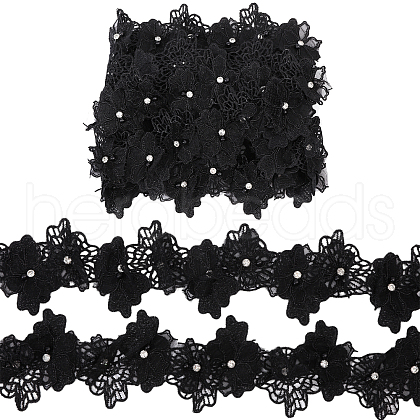 Double Layer Polyester 3D Flower Lace Trim Ribbon with Rhinestone OCOR-WH0097-73C-1