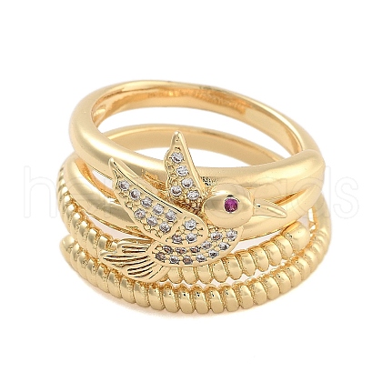 Brass Micro Pave Cubic Zirconia Bird Open Cuff Rings Set for Women RJEW-U002-11G-1