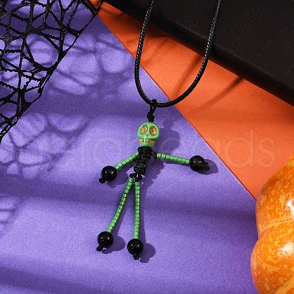 Halloween Theme Skeleton Glass Seed Beaded & Natural Black Onyx(Dyed & Heated) & Skull Dyed Synthetic Turquoise Pendant Necklaces NJEW-MZ00117-04-1