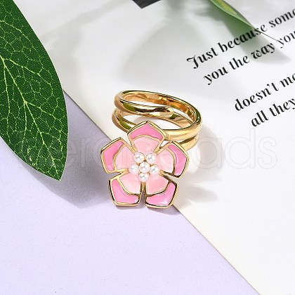 Flower 304 Stainless Steel Enamel Cuff Rings for Women RJEW-Z079-01G-1