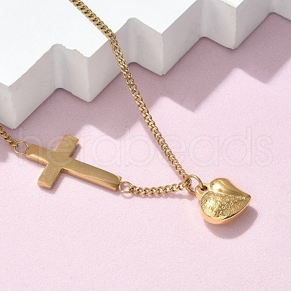 304 Stainless Steel Cross Heart Pendant Twisted Chain Necklaces NJEW-S442-03G-1