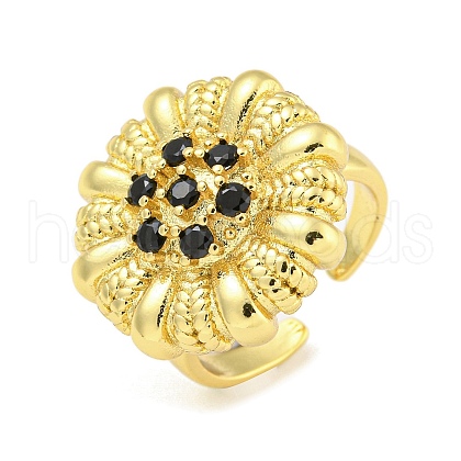 Rack Plated Brass Micro Pave Cubic Zirconia Flower Open Cuff Rings for Women RJEW-Z042-02G-01-1