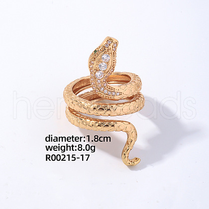 Snake Golden Brass Cuff Ring with Cubic Zirconia EG7863-13-1