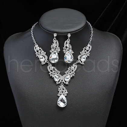 Teardrop Alloy Rhinestone Pendant Necklaces & Stud Dangle Earrings Sets FS-WGB9BB4-03-1