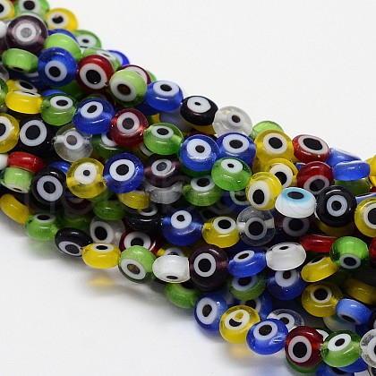 Handmade Evil Eye Lampwork Flat Round Bead Strands LAMP-L058-6mm-M-1