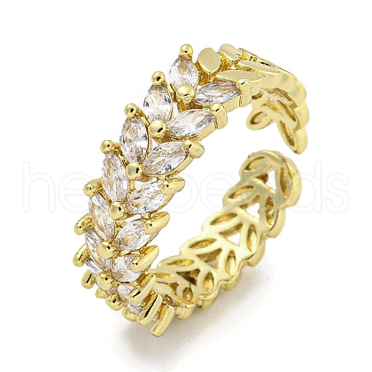 Leaf Brass Micro Pave Cubic Zirconia Open Cuff Ring for Women RJEW-E296-09G-1