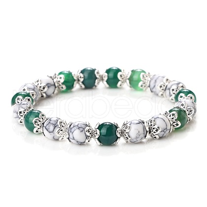 Natural Dyed & Heated Green Onyx Agate & Howlite Round Beaded Stretch Bracelets for Women JT2459-4-1
