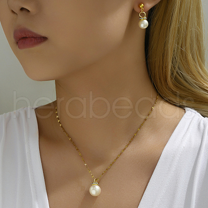 Imitation Pearl Round Pendant Necklace & Stud Earrings PL9795-1