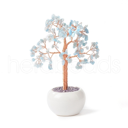Mother's Day Natural Aquamarine Gemstone Chips with Brass Wrapped Wire Money Tree on Ceramic Vase Display Decorations DJEW-B007-02G-1