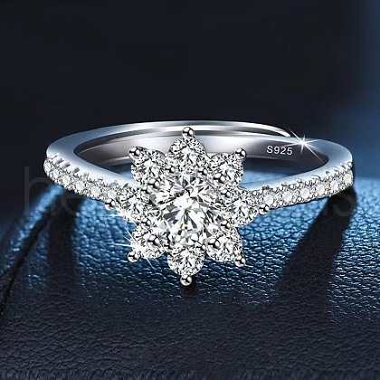 Rhodium Plated 925 Sterling Silver Flower Pave 6.5x3.9mm Moissanite Adjustable Rings for Women WG9AA84-03-1