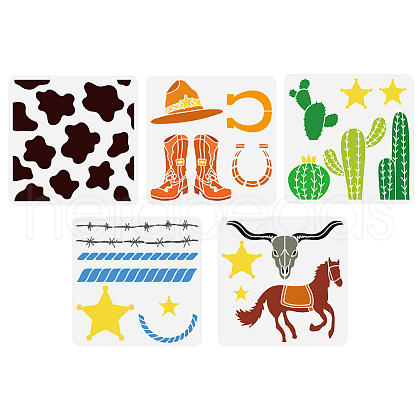 5Pcs 5 Styles Western Theme PET Hollow Out Drawing Painting Stencils DIY-WH0394-0147-1
