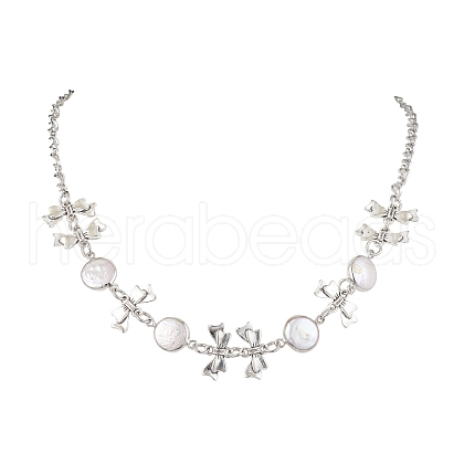 Flat Round Pearl with Bowknot Alloy Link Necklaces NJEW-JN04812-1