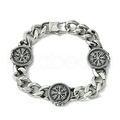 304 Stainless Steel Cuban Flat Round Link Chain Bracelets for Women Men BJEW-C063-08AS-1