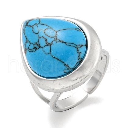 304 Stainless Steel Synthetic Turquoise Cuff Rings G-Z056-09P-02-1