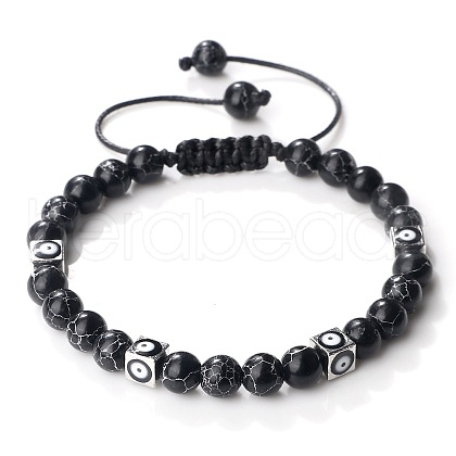 Trendy Ethnic Style Cube Evil Eye & Round Dyed Black Synthetic Turquoise Beaded Stretch Bracelets PJ2289-4-1