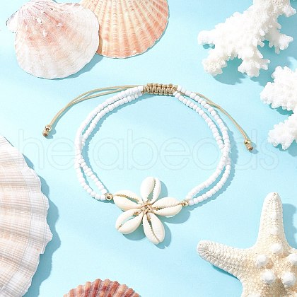 Adjustable Natural Cowrie Shell Beaded Braided Anklets AJEW-AN00686-02-1