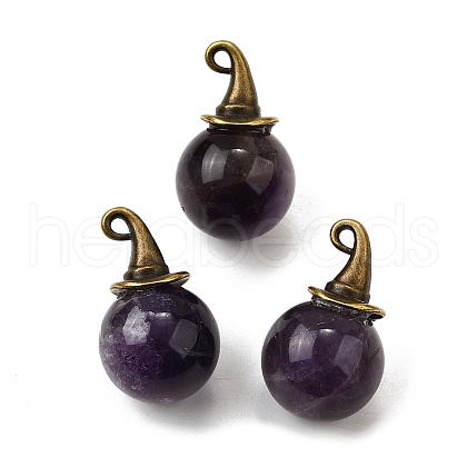 Natural Amethyst Round Pendants with Alloy Witch Hat G-D311-01AB-07-1