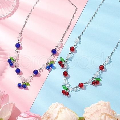 2Pcs 2 Colors Crackle Glass & Natural Quartz Crystal Fruit Bib Necklaces for Women NJEW-JN05203-1