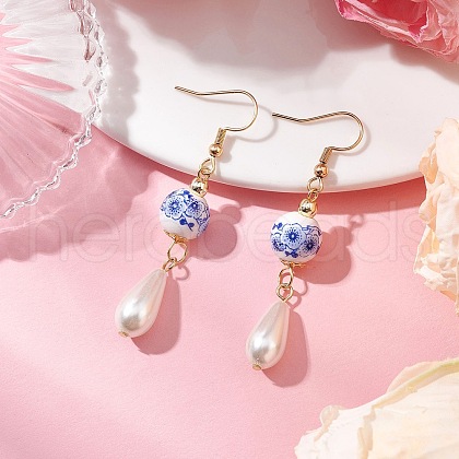 Round with Flower Pattern Porcelain Ceramic Dangle Earrings EJEW-JE06347-01-1