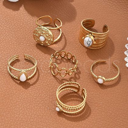 6Pcs 6 Style Oval & Flat Round & Teardrop 304 Stainless Steel Open Cuff Rings Set RJEW-P092-09G-M-1