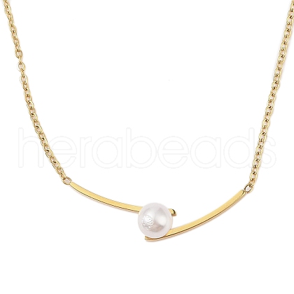 304 Stainless Steel & ABS Imitation Pearl Round Ball Pendant Necklaces NJEW-N055-07G-1