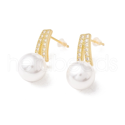 Cubic Zirconia Stud Earrings with Glass Pearl EJEW-H086-06G-1