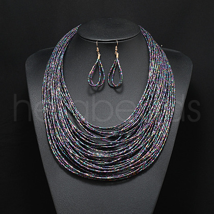 Bohemian Style Glass Seed Beaded Multilayer Necklaces & Teardrop Dangle Earrings Sets WGC1230-02-1
