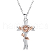 Brass Pave Clear Cubic Zirconia Rose Flower Wrapped Cross Pendant Necklaces for Women FS-WGBC38F-01-3