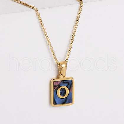 304 Stainless Steel Pave Natural Paua Shell Rectangle Initial Pendant Necklaces for Women FS-WG38E89-15-1
