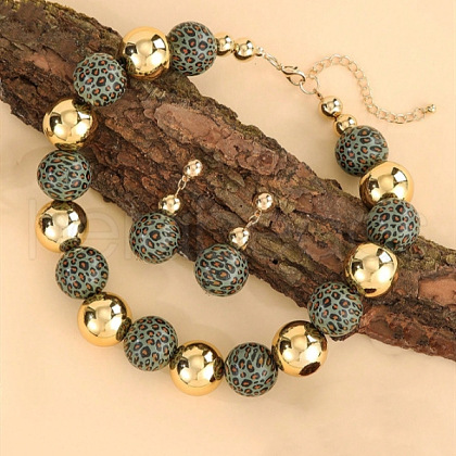 Alloy & Wood & CCB Plastic Round Beaded Necklaces & Stud Dangle Earrings Sets FS-WGB5D6A-03-1
