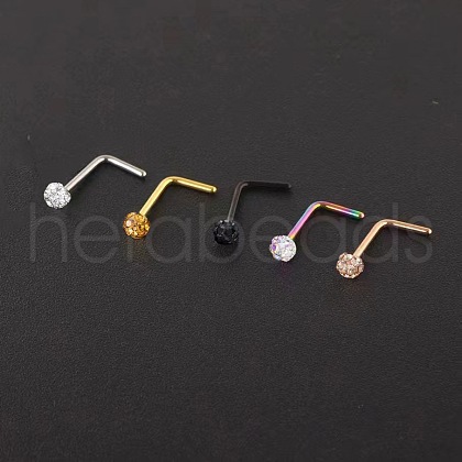 304 Stainless Steel Rhinestone Round Ball L-Shaped Nose Rings WGE5A2F-02-1
