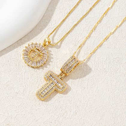 2Pcs 2 Styles Brass Pave Clear Cubic Zirconia Initial Pendant Necklace Sets FS-WGBC393-20-1