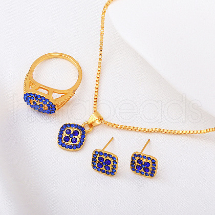 Rhombus Alloy Rhinestone Pendant Necklaces & Stud Earrings & Rings Sets FS-WGFED7A-04-1