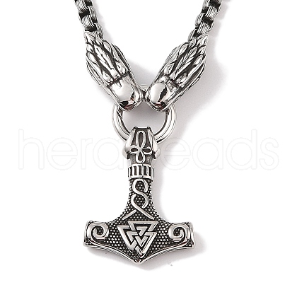 304 Stainless Steel Dragon Head King Box Chain Viking Mjolnir Thor Hammer Pendant Necklaces for Men NJEW-K278-15AS-1