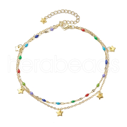 304 Stainless Steel & Brass Double Layer Chain Anklets AJEW-AN00629-04-1