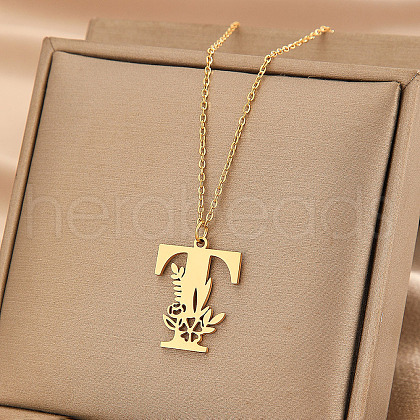 304 Stainless Steel Flower Initial Pendant Necklaces WGE911E-20-1