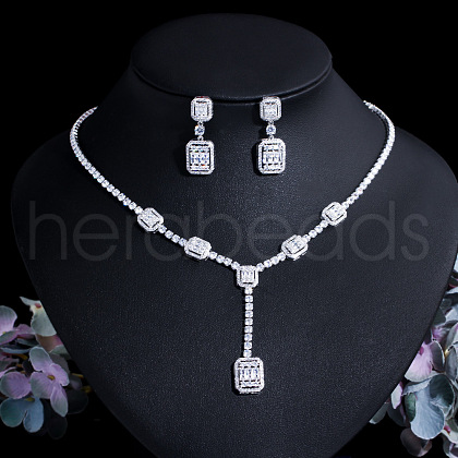 Rectangle Brass Micro Pave Clear Cubic Zirconia Pendant Necklaces & Stud Dangle Earrings Sets FS-WG06681-01-1