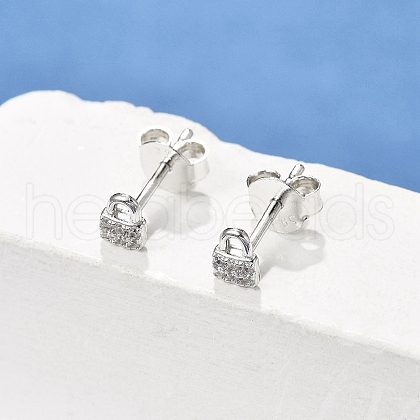 Lock S925 Sterling Silver Micro Pave Clear Cubic Zirconia Stud Earrings for Women EJEW-K307-03A-P-1