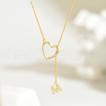 Simple 925 Sterling Silver Micro Pave Clear Cubic Zirconia Heart Alphabet Pendant Lariat Necklaces for Women HB6450-4-1
