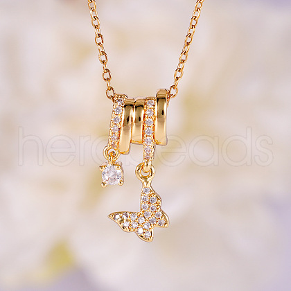Brass Pave Clear Cubic Zirconia Butterfly Pendant Necklaces for Women FS-WGAADF6-05-1