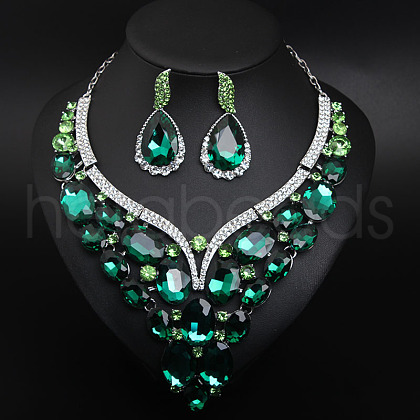 Teardrop Alloy Glass Stud Earrings & Bib Necklaces Sets for Women FS-WGC29D0-03-1