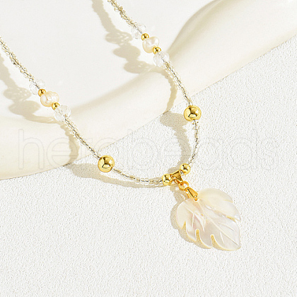 Natural Shell Maple Leaf Pendant Necklace with Glass Beaded Chains WZ3192-1