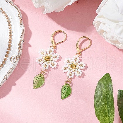 304 Stainless Steel Flower with Leaf Leverback Earrings EJEW-MZ00456-04-1