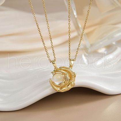 2Pcs Brass Pave Clear Zirconia Magnetic Couple Sun Moon Pendant Necklaces WG8E766-02-1
