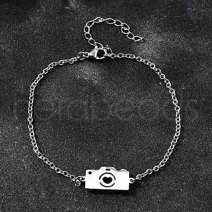 201 Stainless Steel Camera with Heart Link Bracelets BJEW-B128-04P-1